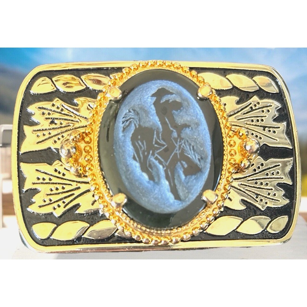 Bucking Bronco Cowboy Carved Stone Cameo Belt Buckle Gold Tone Western USA Rodeo
